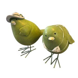 Beach Bird Green Bird Figurines With Hats - Set Of 2 Rustic Farmhouse Style Meta